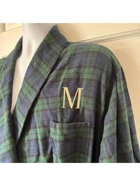 L.L. Bean Blue and Green Plaid Flannel Robe Bathrobe w M Monogram - Size L Tall